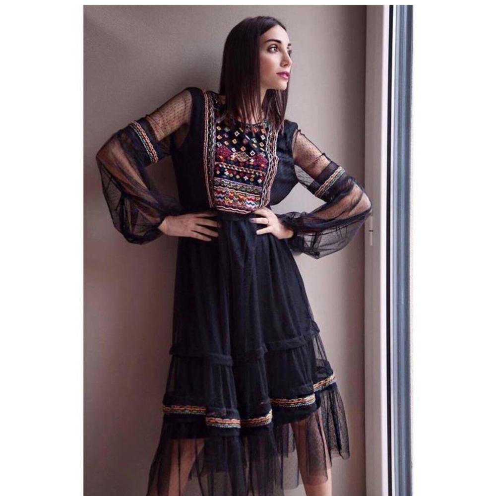 ZARA Trafaluc Collection STUNNING Embroidered-Mesh-Sheer Black Dress EUC-Sz S 🖤​